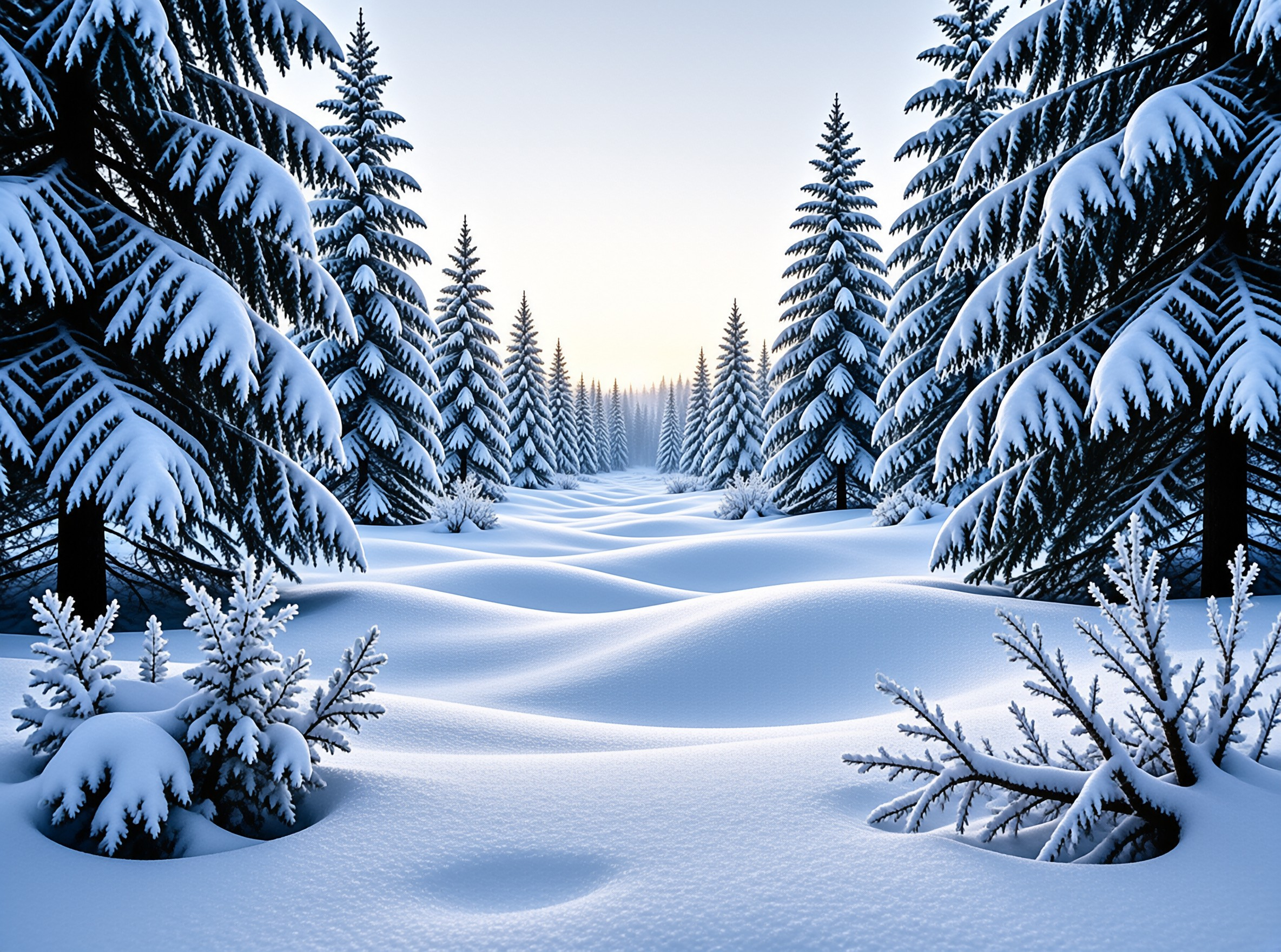 Snow-covered evergreen trees line a winding path through a quiet forest under a pale blue sky.