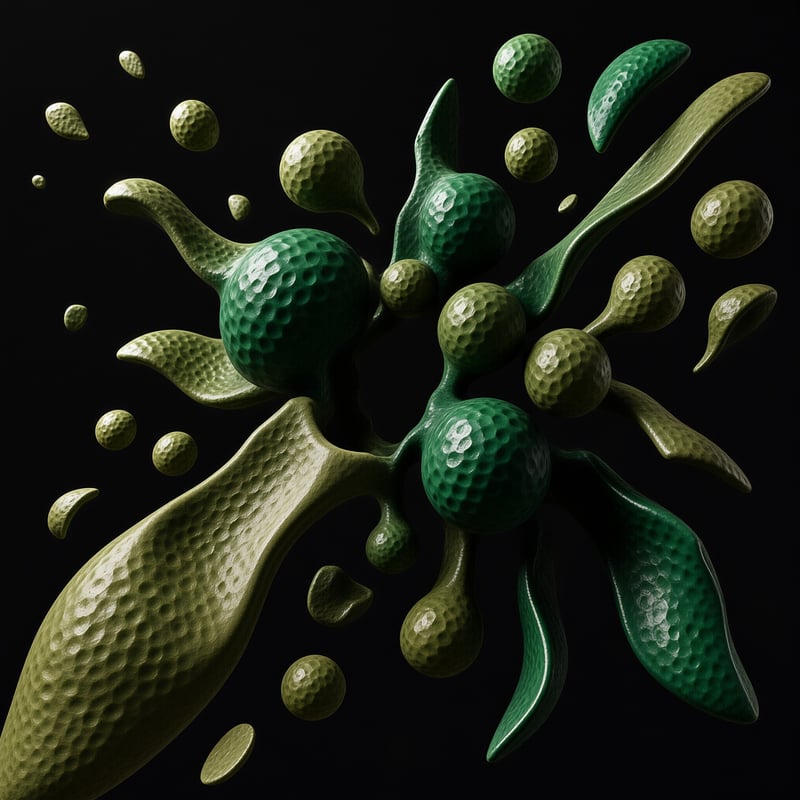 Textured green orbs stretch into droplets and ribbons against a black void like frozen splash sculpture