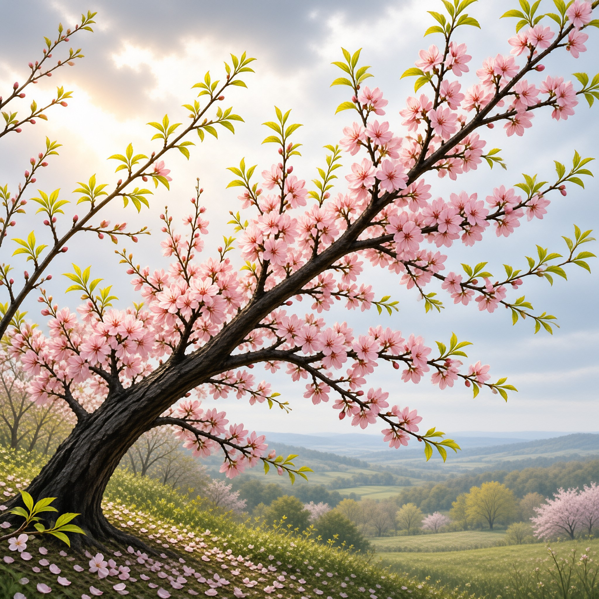 Flowering cherry tree on a green hillside, soft light filters through clouds above rolling countryside below.