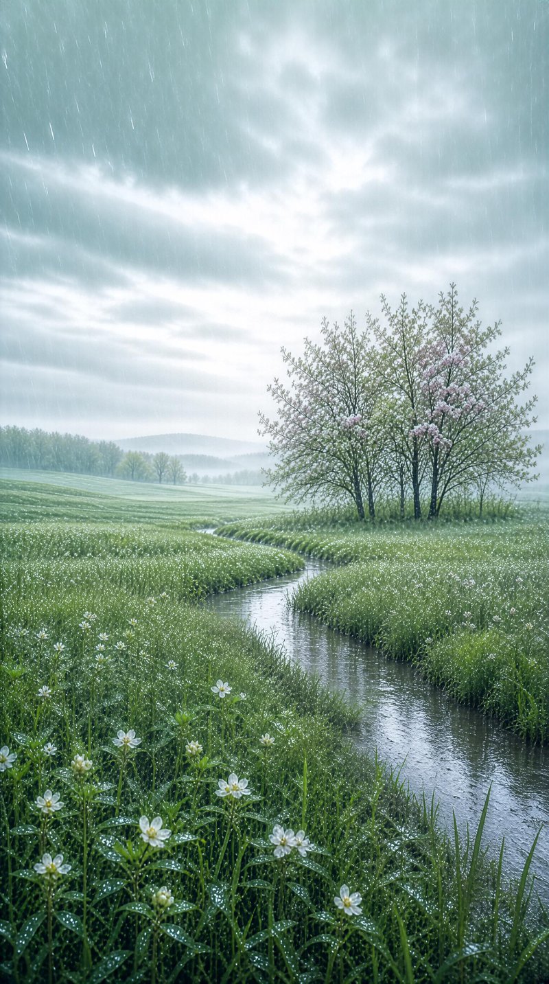 Rainy Stream in Green Field