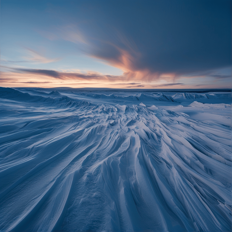 Extensive blue snow dunes stretch across the landscape beneath a sky painted with pink and orange hues.