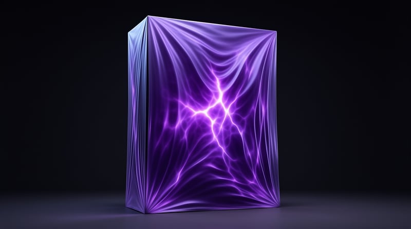 A purple wrapped rectangular prism stands on a black floor, glowing with bright branching light patterns across its surface