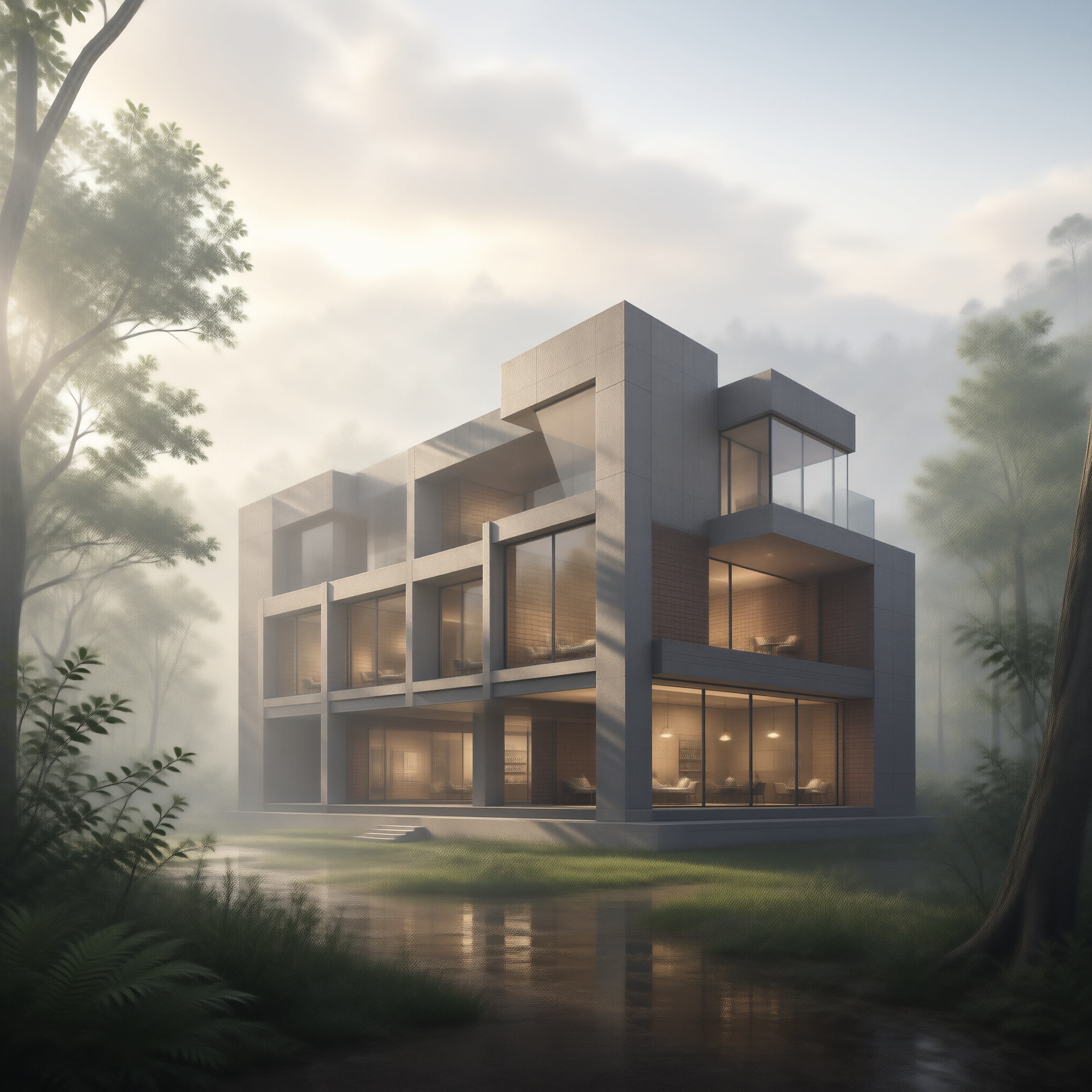 Modern Villa in Misty Forest