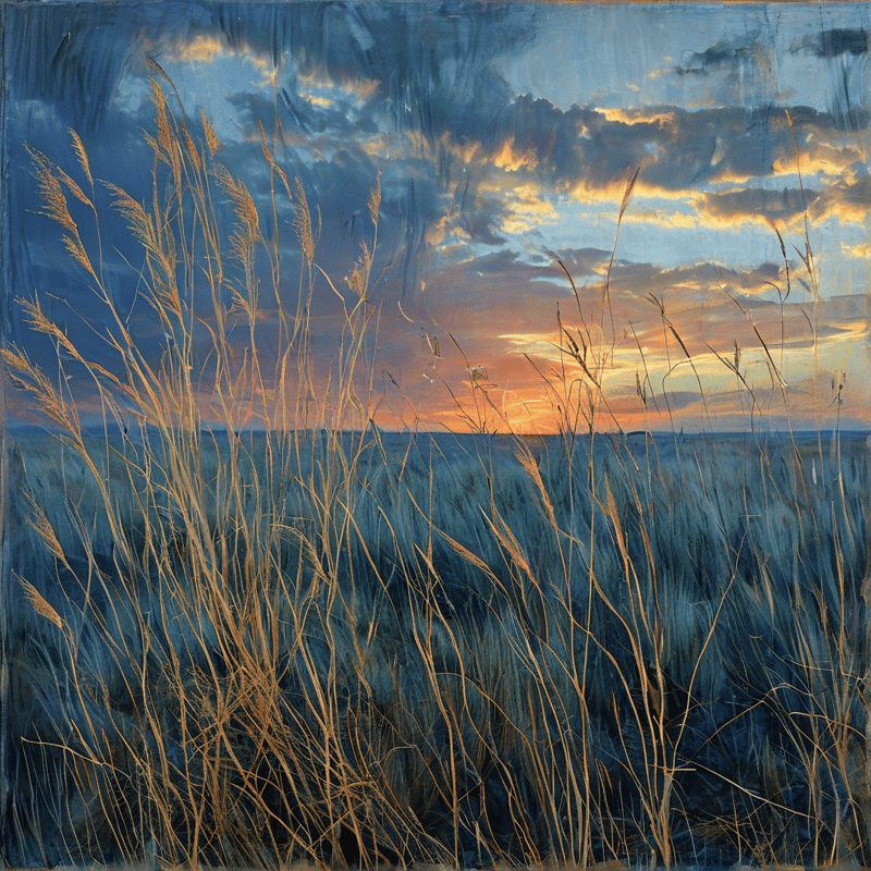 A dense field of ripe wheat stands silhouetted against a dramatic sunset sky filled with dark blue clouds and warm orange light.