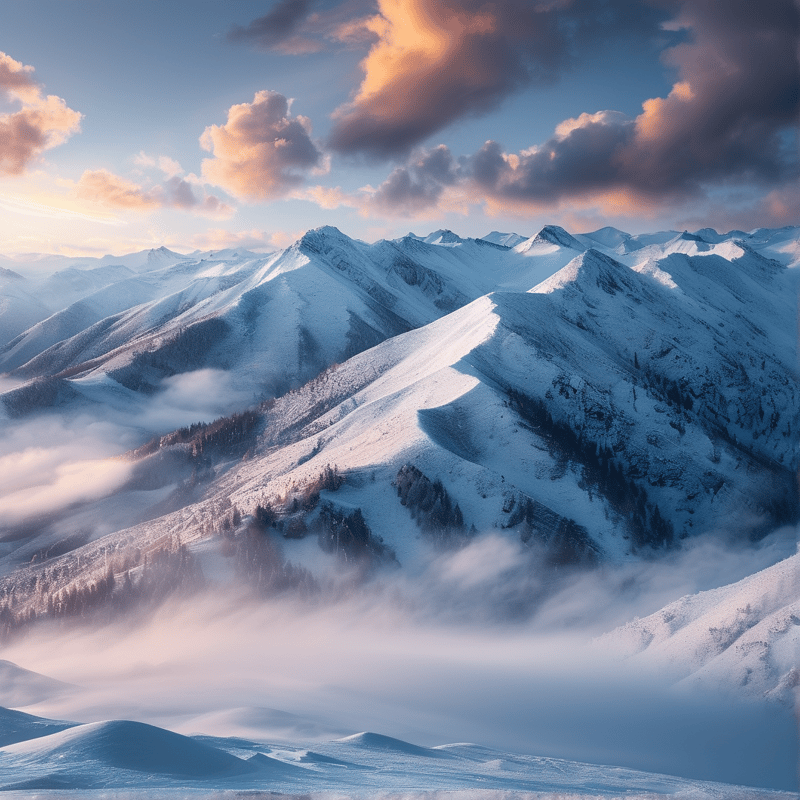 A white mountain range stretches beneath a sky filled with pink clouds while thick fog drifts through the low valleys.