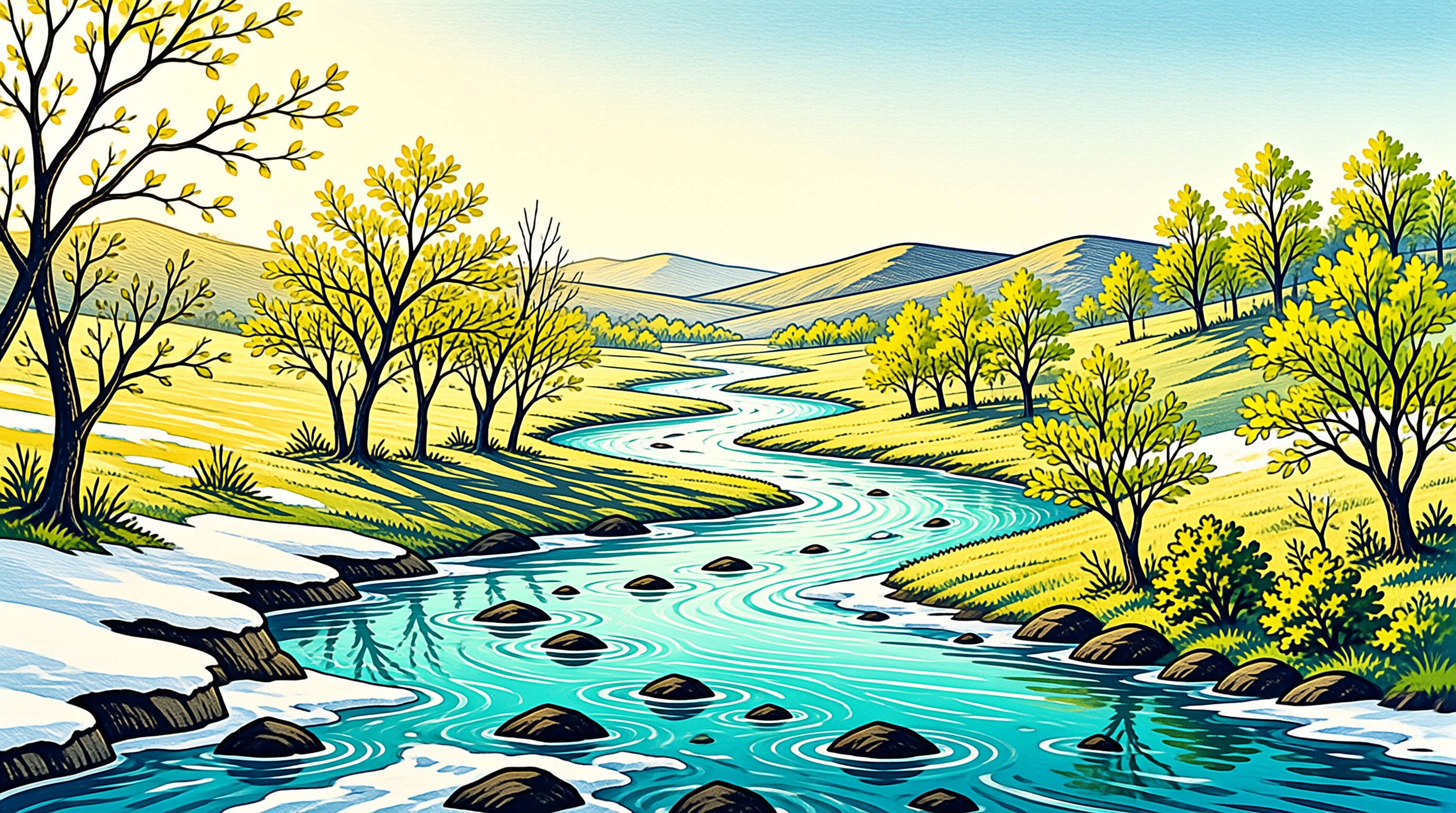 Stylized artwork depicting a turquoise stream flowing through hills with yellow foliage and lingering snow banks.
