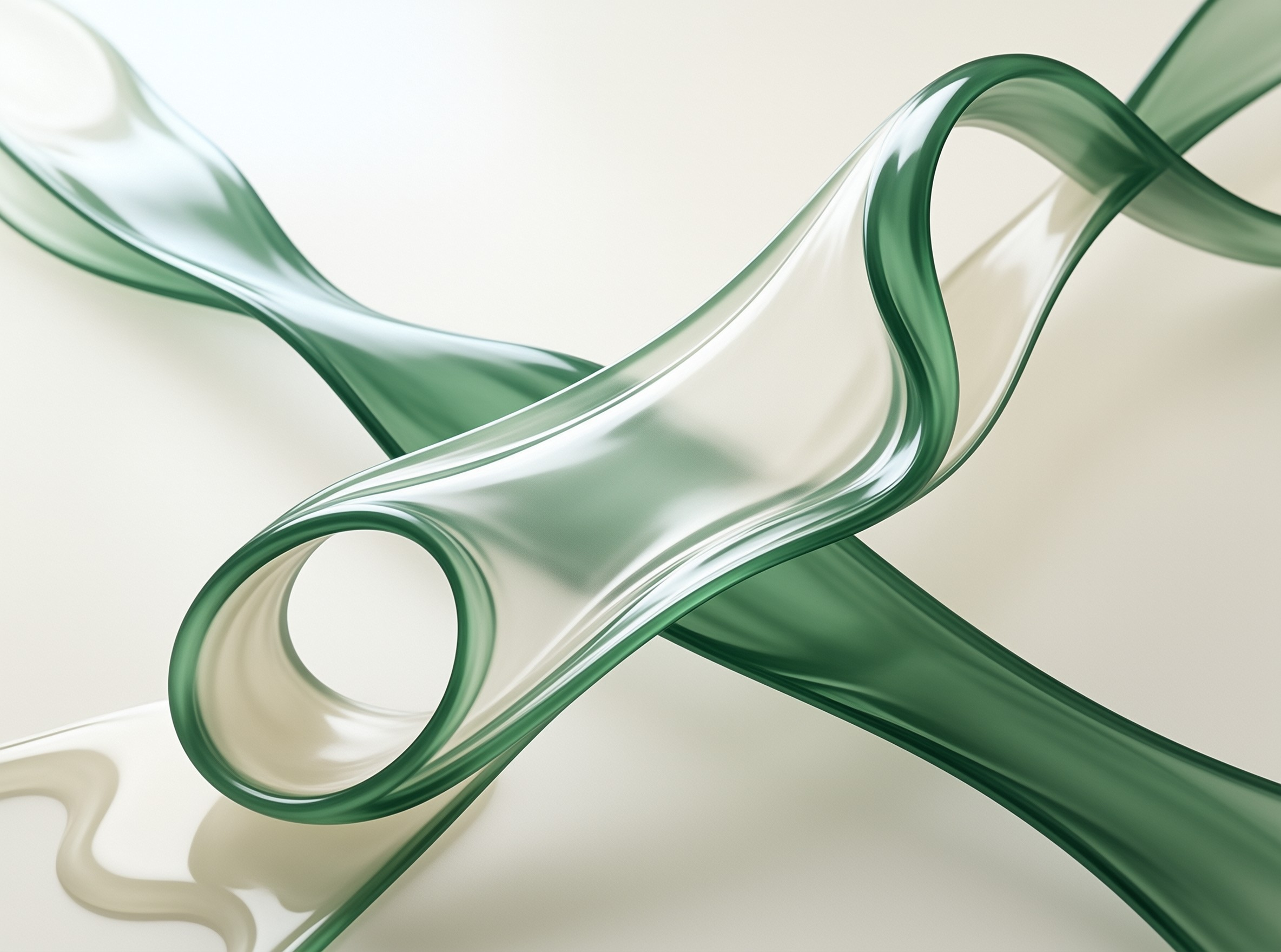Overlapping translucent green glass tubes form flowing curved shapes on a smooth light beige surface with soft bright highlights.