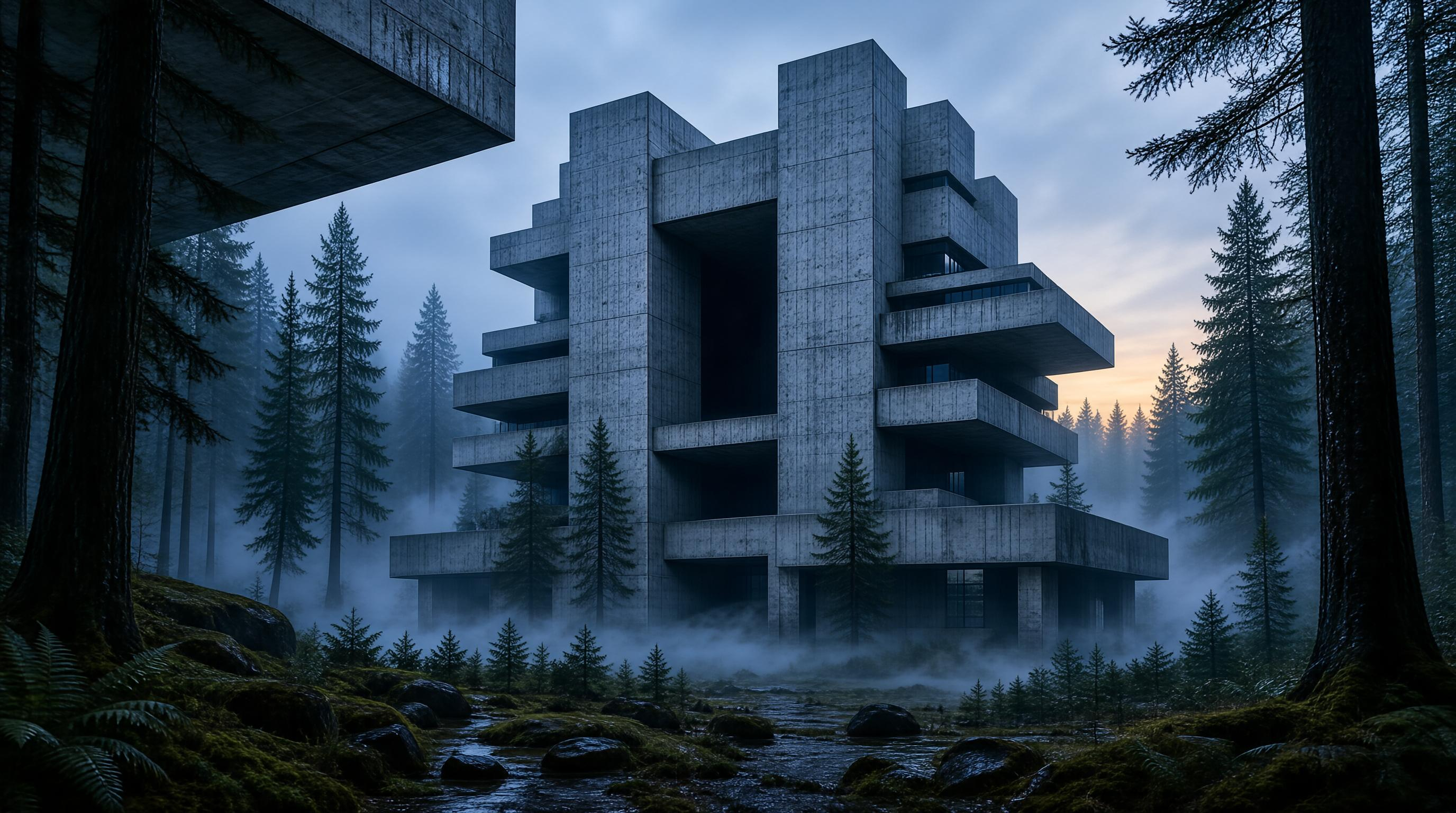 Concrete Building in Misty Forest