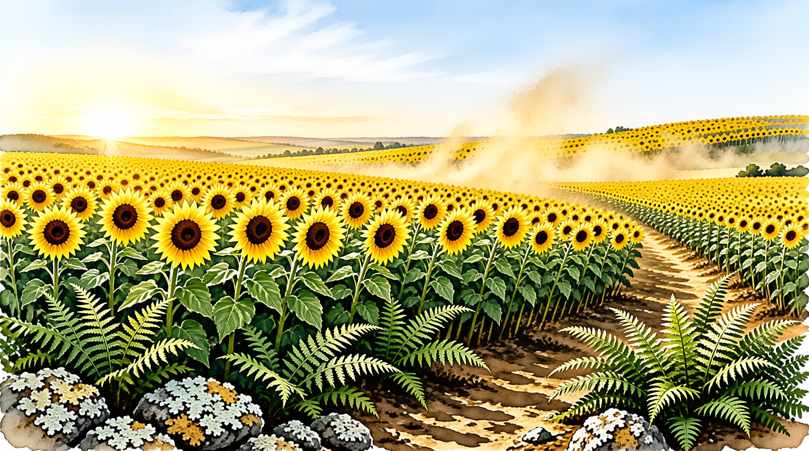 Sunflower fields extend toward the horizon under a glowing sky, with mist over hills and ferns beside a path.