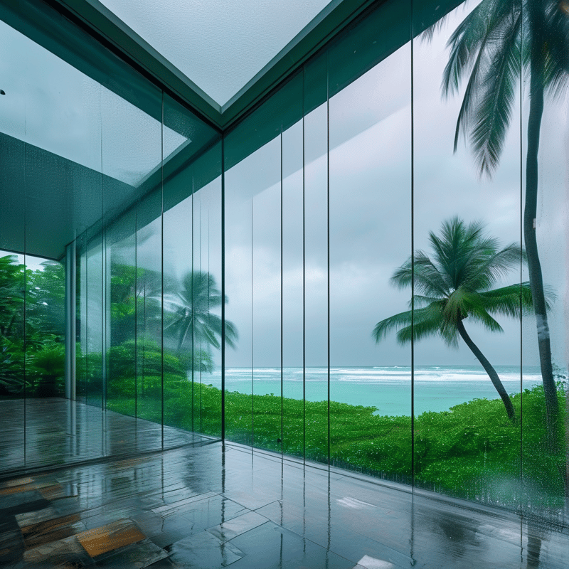 Wet reflective floors inside a glass walled building look out over palm trees and a calm sea during a stormy day