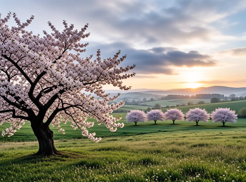 A flowering cherry tree stands in a green field with a line of smaller trees against a hazy horizon.