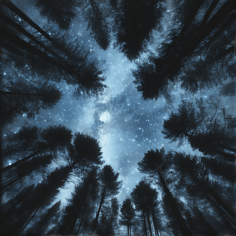 Looking straight up through dark silhouetted pine tops into a deep blue sky scattered with stars and the Milky Way.