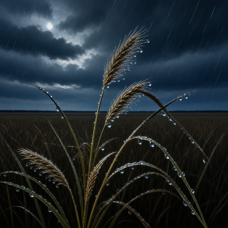 Wet wild reeds glisten with raindrops beneath a stormy night sky illuminated by a bright moon.
