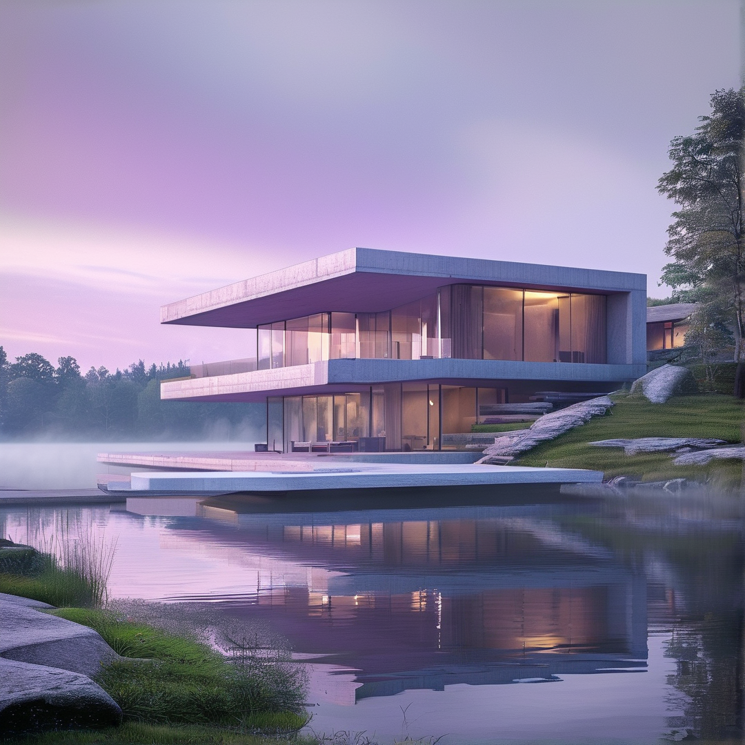 Modern villa on a platform over calm water under a pastel sky with mist near the shoreline