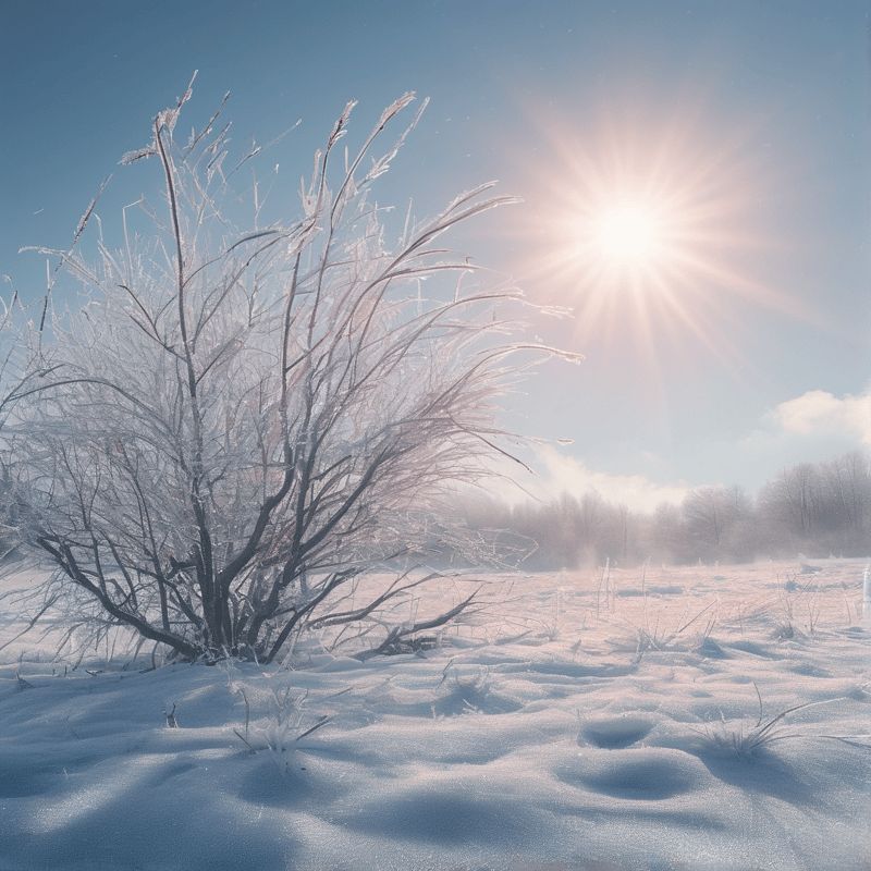 A frost covered shrub stands in a snowy field while the sun shines brightly in the sky above the trees.