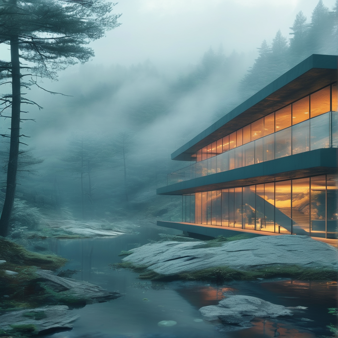 Modern Cabin in Misty Forest