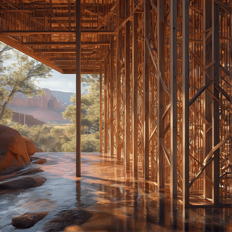 Vertical wooden construction framing overlooks a sunlit desert landscape with wet reflective floors.