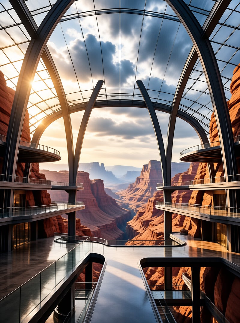 An expansive interior with curved metal arches frames a view of distant red rock formations during sunset.