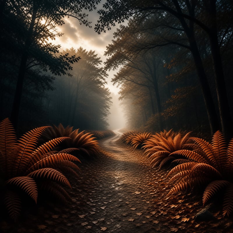 A narrow dirt trail winds between rust colored ferns beneath tall trees glowing with soft backlit haze.