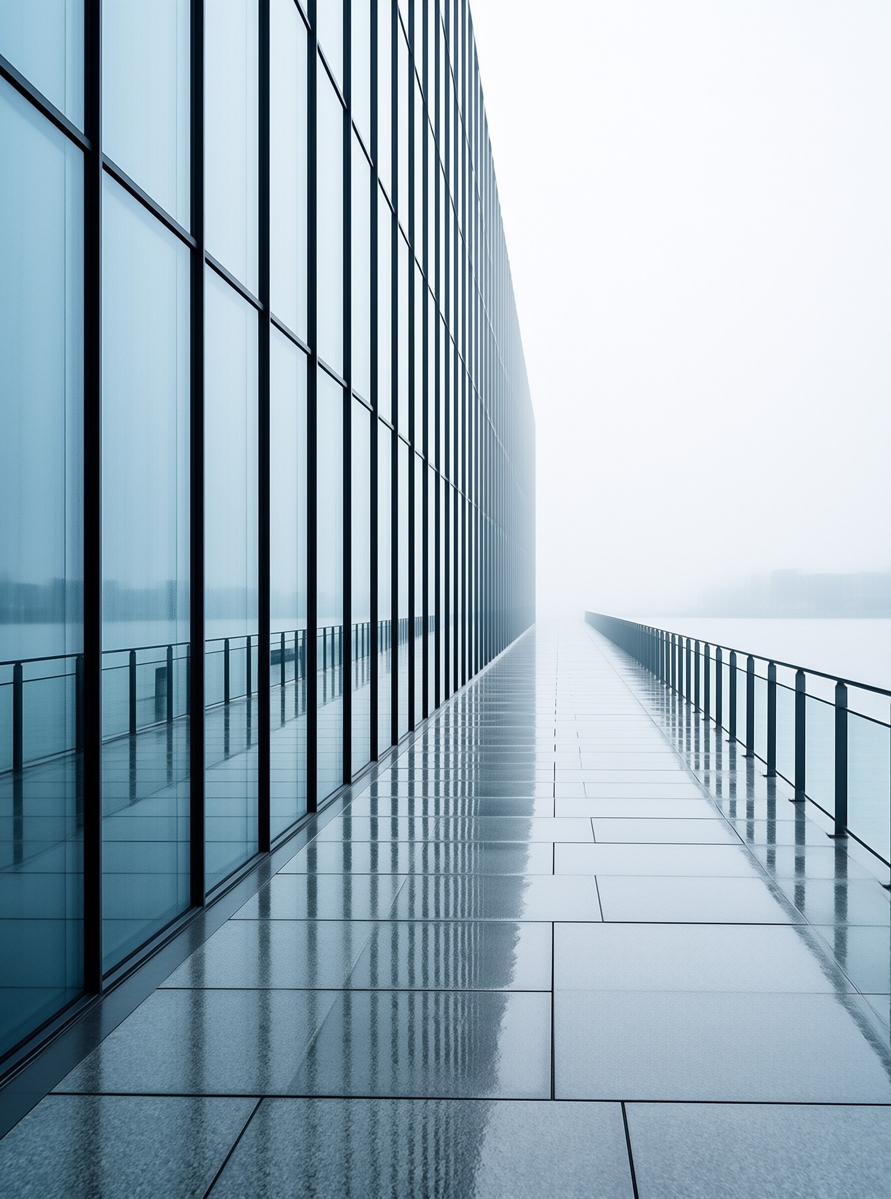 Modern Glass Walkway in Fog