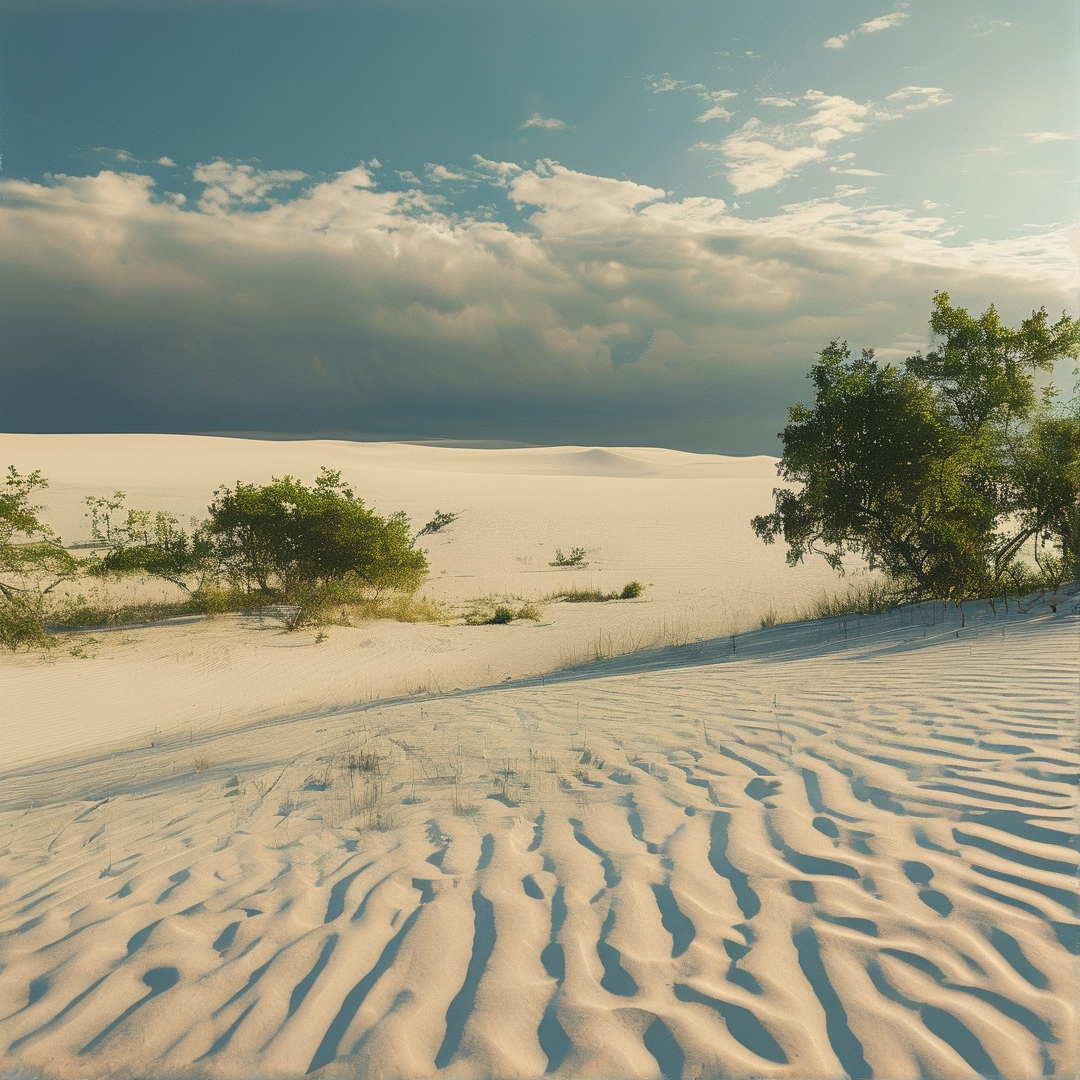Wind ripples cover white sand dunes leading to green trees beneath a dramatic sky with sunlight breaking through clouds.
