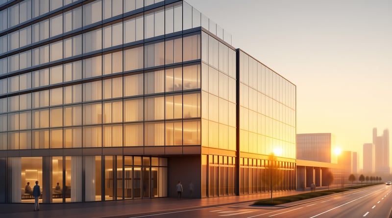 Modern Glass Office at Sunset