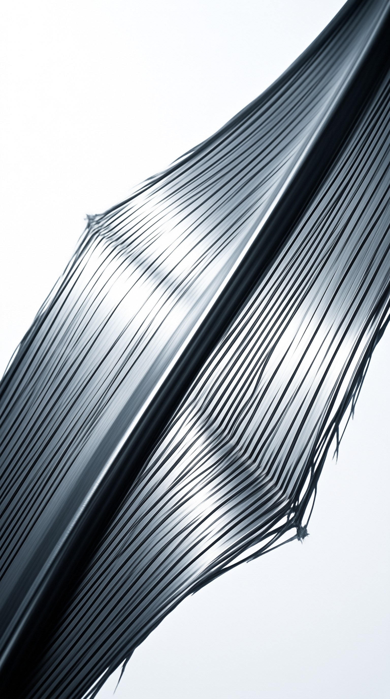 A close-up view of black carbon fiber strands stretching diagonally from the bottom left toward the top right corner against a plain white surface with glossy highlights reflecting off the smooth texture