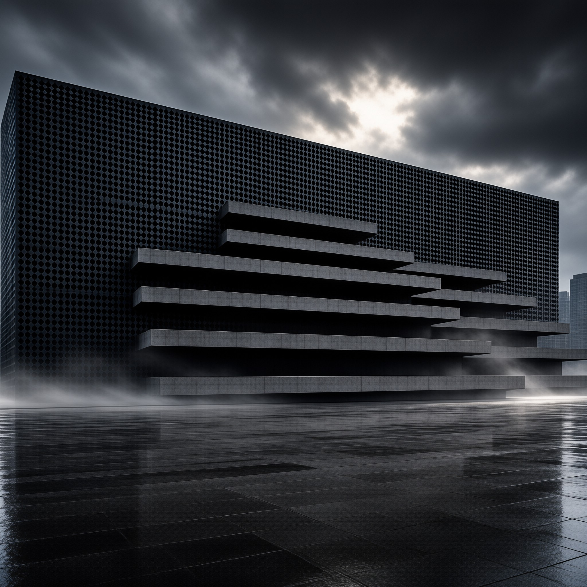 Cantilevered concrete shelves protrude from a dotted black wall as low mist drifts over a rain-slick plaza