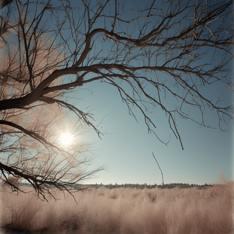 Leafless branches silhouette against a bright sun shining over a misty frozen landscape below.