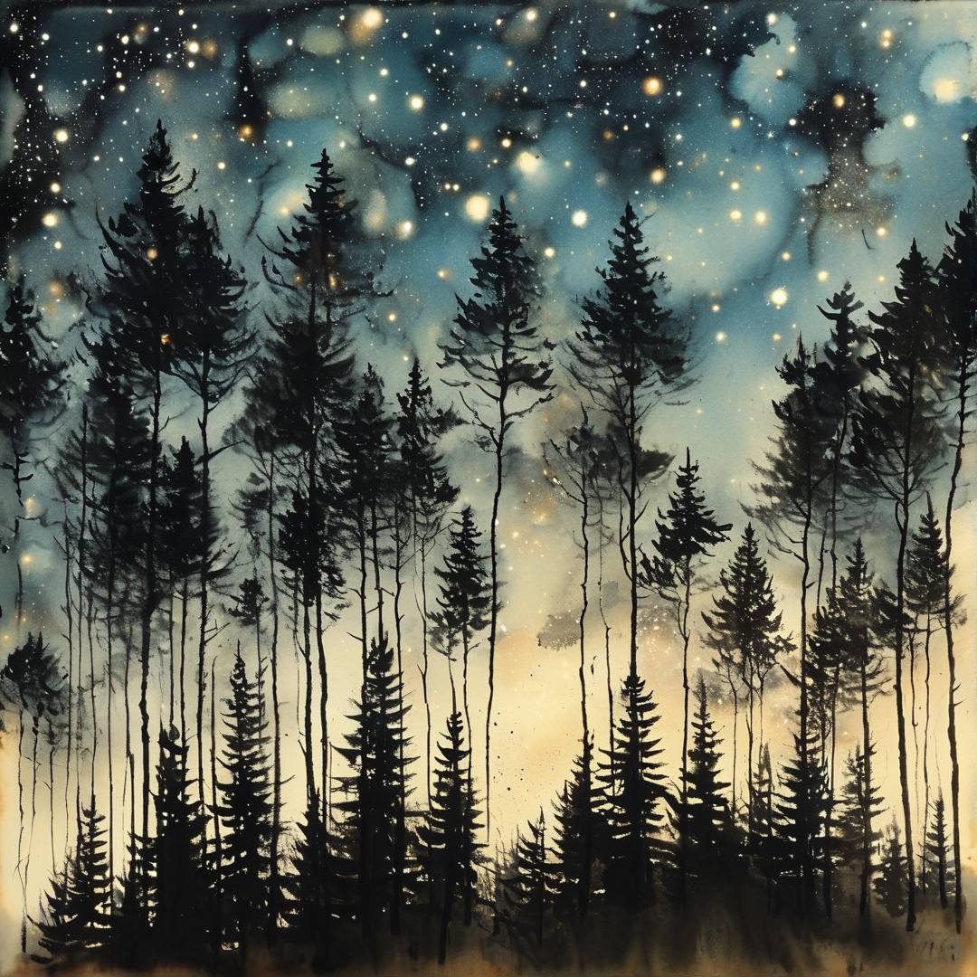 Silhouetted evergreen trees rise against a cloudy night sky speckled with golden stars and soft blue hues.