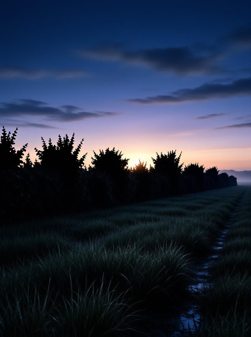 A row of dark trees stands against a colorful sky during early morning while a wet path winds through the tall grass in the foreground.