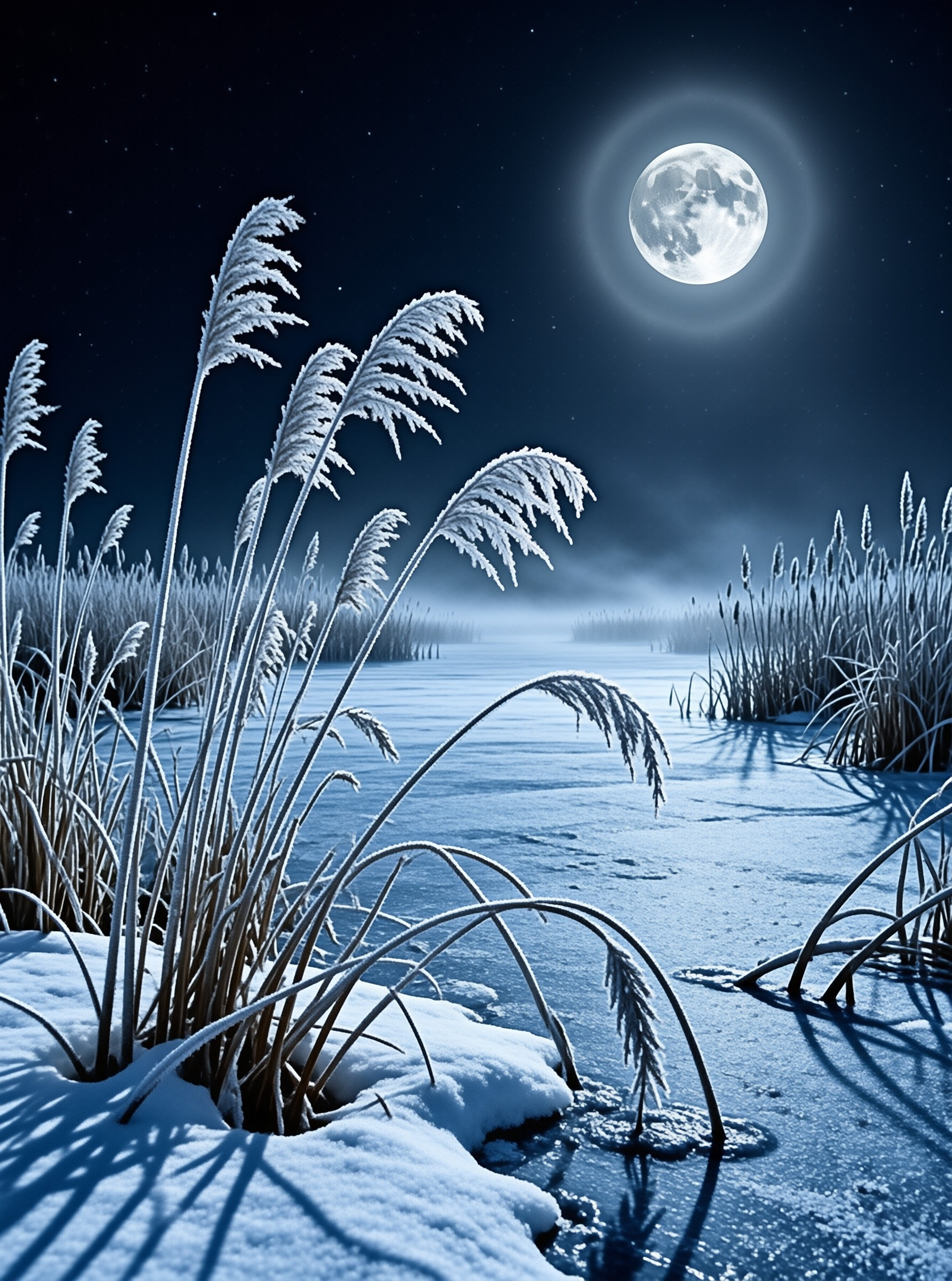 Frosted Reeds Under Moonlight