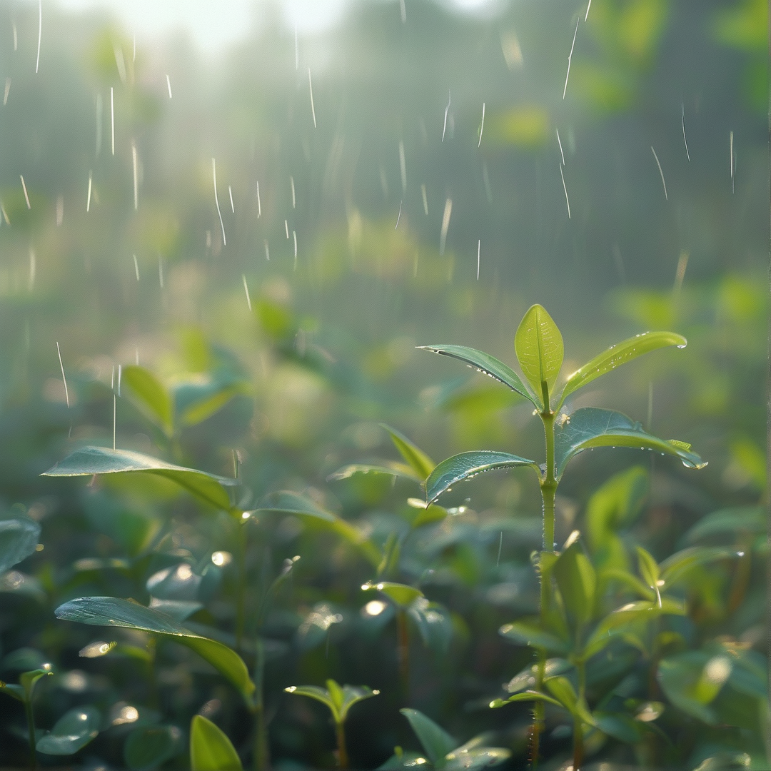 Sunlit Sapling in Rain