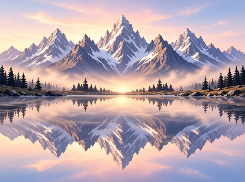 A snowy mountain range with pine trees is mirrored in a calm lake during sunrise.