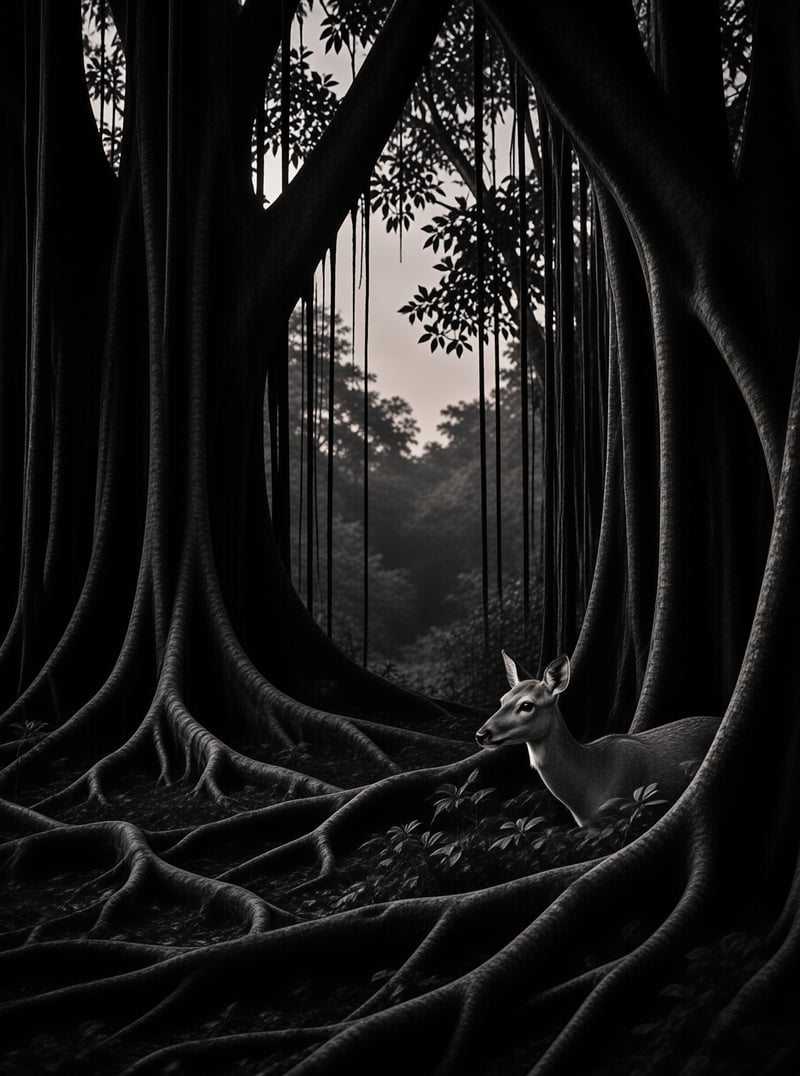 A soft fawn sits nestled between the thick hanging aerial roots of an old monochrome banyan tree in shadowed forest