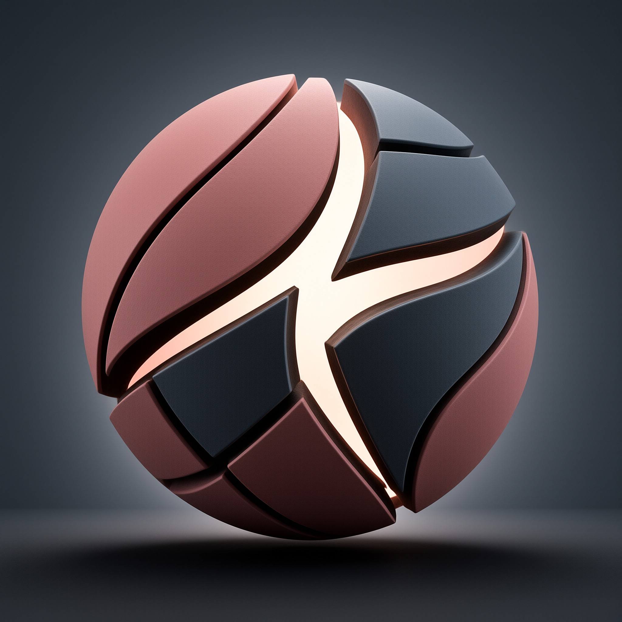 A spherical object with blue and pink segments glows warmly from within against a dark grey studio backdrop.