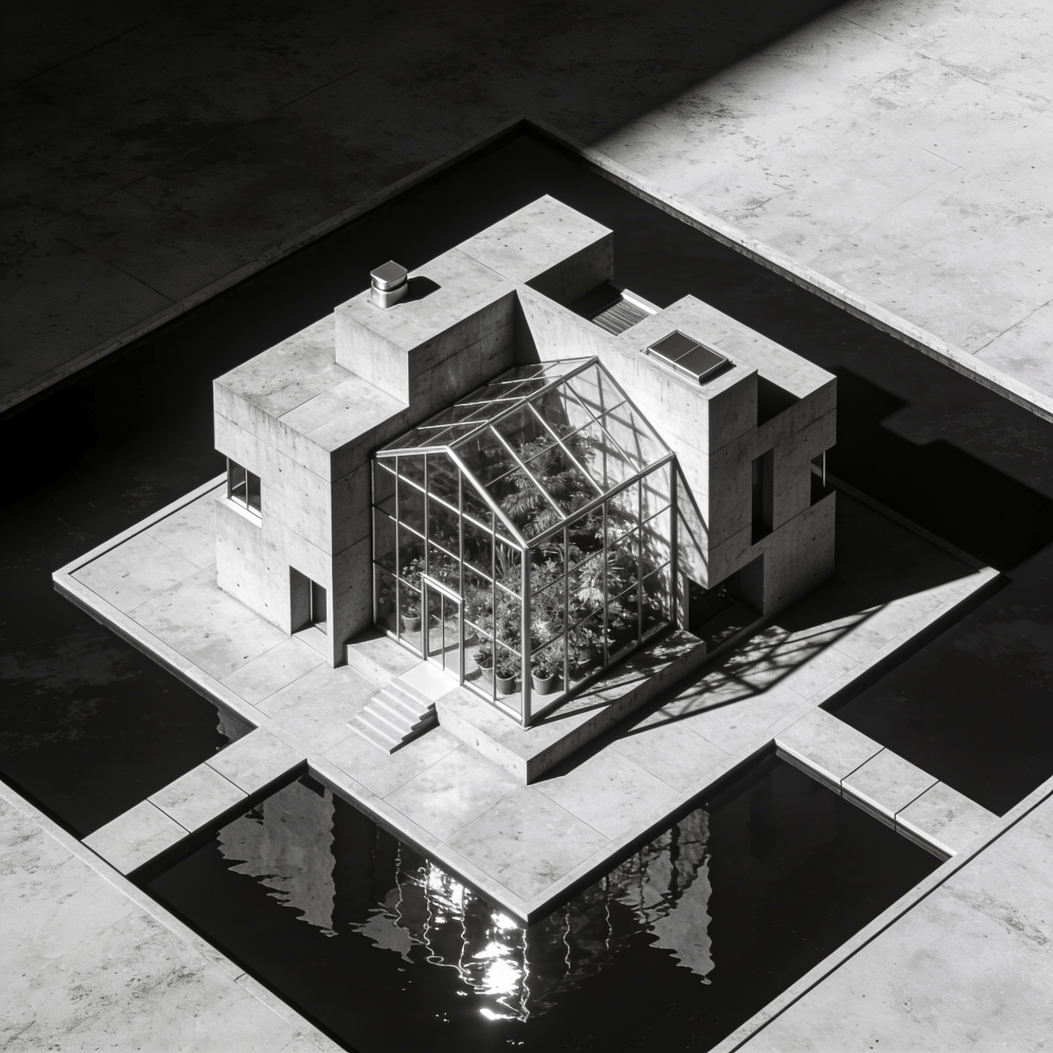 Greenhouse with Brutalist Massing — Reflecting Pool