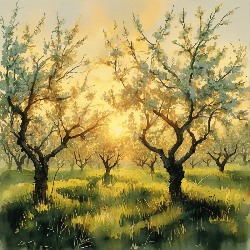 Loose painted orchard rows glow beneath a pale golden dawn with dark trunks framing a field of green grass