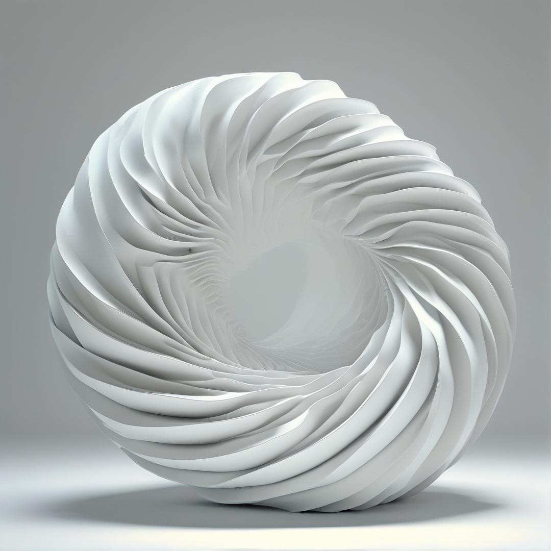 A three-dimensional white object with swirling folds sits on a plain gray surface under soft lighting.