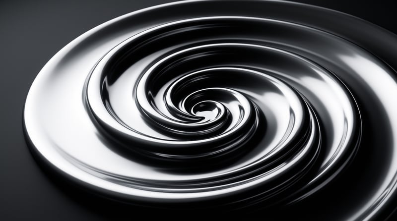 A glossy spiral of black and white liquid metal twists inward against a dark gradient surface with sharp reflections.