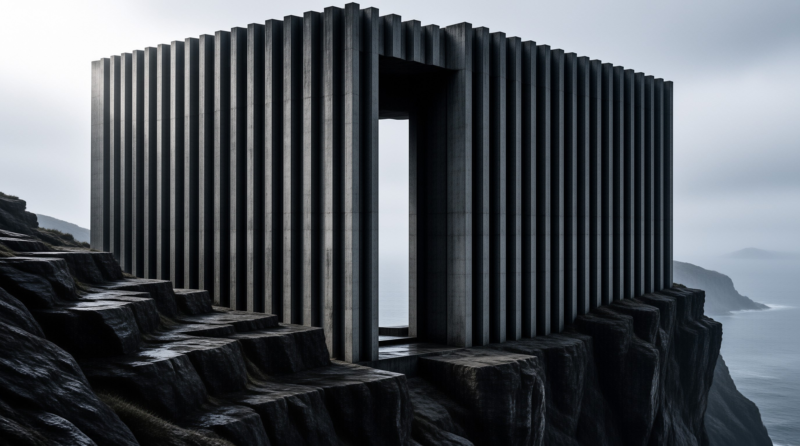 A monolithic brutalist structure of vertical concrete fins stands on a rocky cliff above a foggy sea.