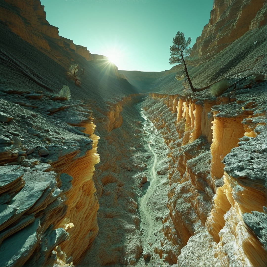 Layered canyon walls frame a winding stream bed lit by bright sunlight bursting from the horizon near a solitary tree.