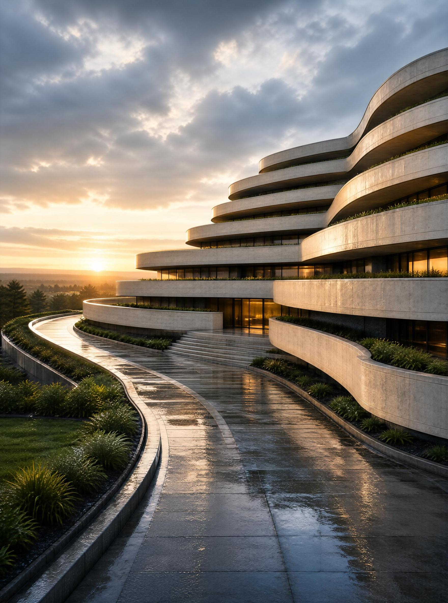 Modern Curved Architecture at Sunset