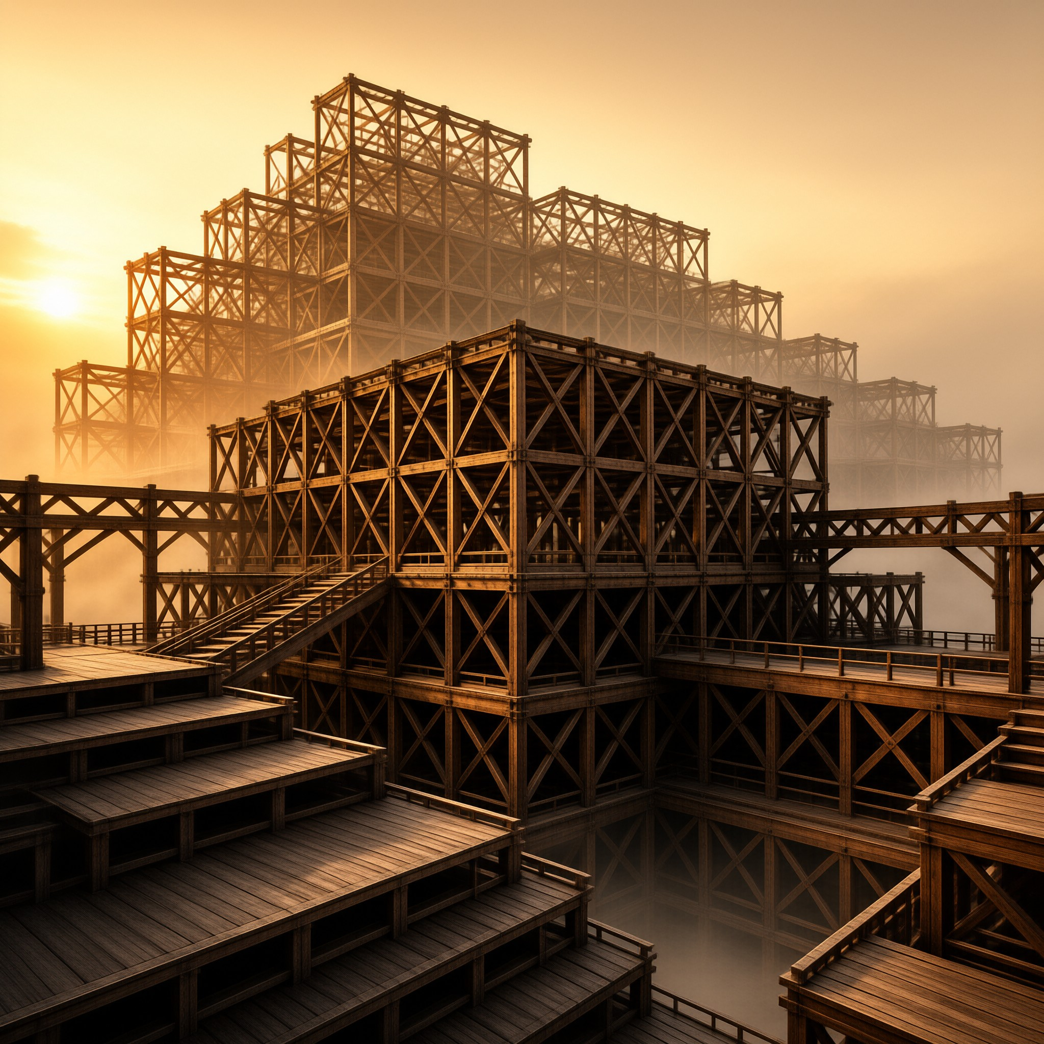 A massive timber framework rises from the misty landscape bathed in warm sunrise rays.