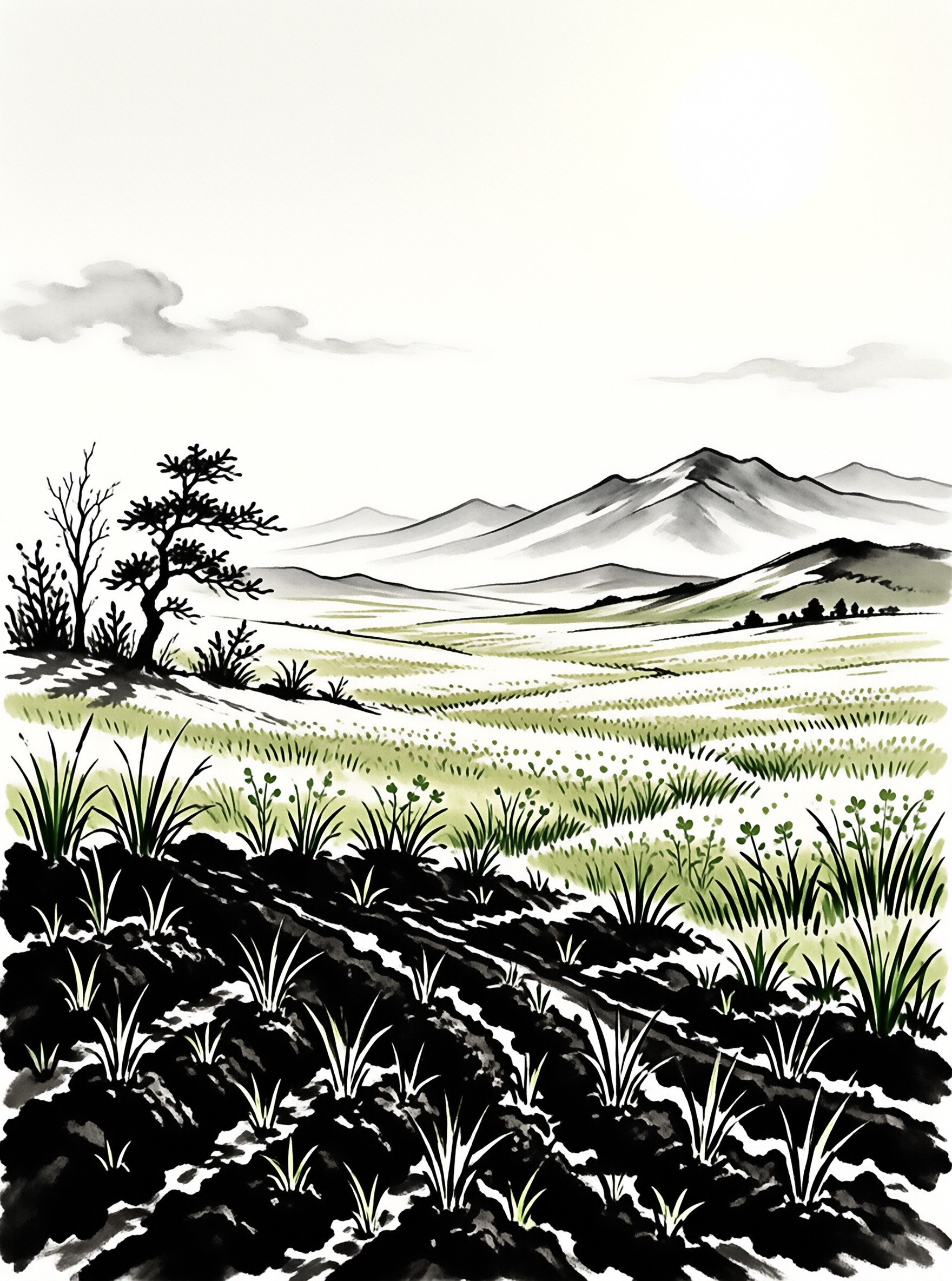 A brush-painted valley of pale grasses and dark furrows leads toward layered gray peaks under an empty sky.