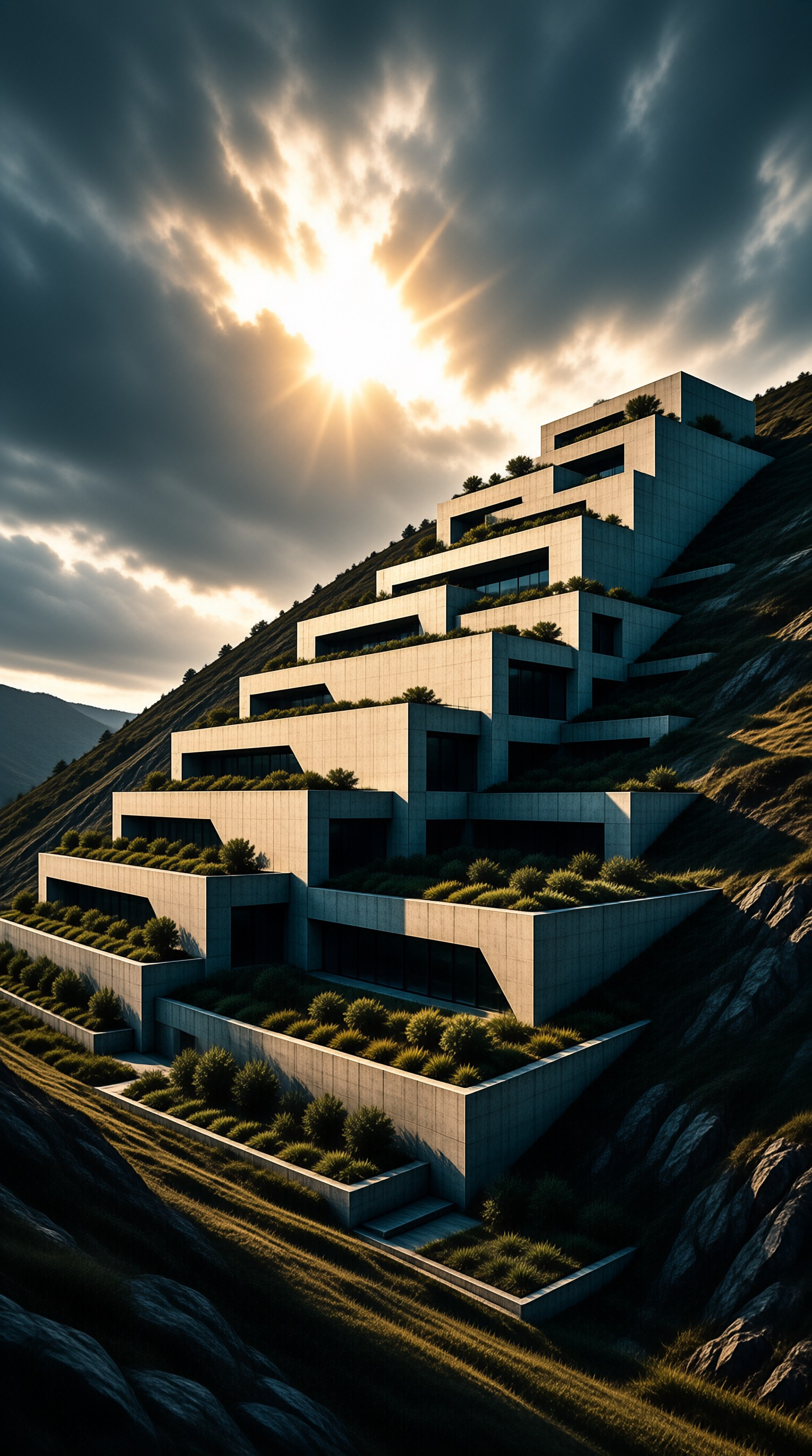 A massive tiered building with green roofs climbs a steep grassy slope while the sun bursts through clouds behind it.