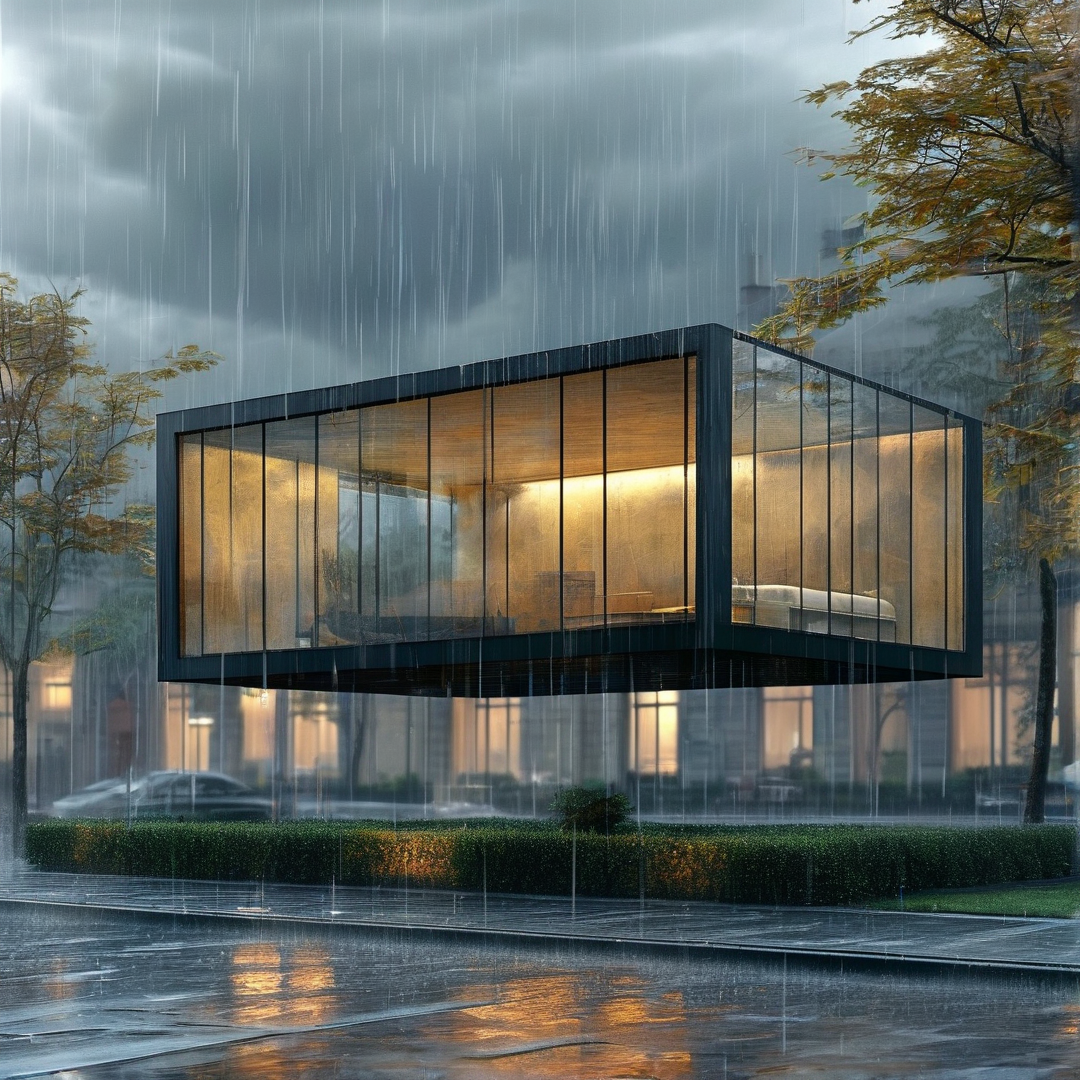 Floating Glass Room in Rain