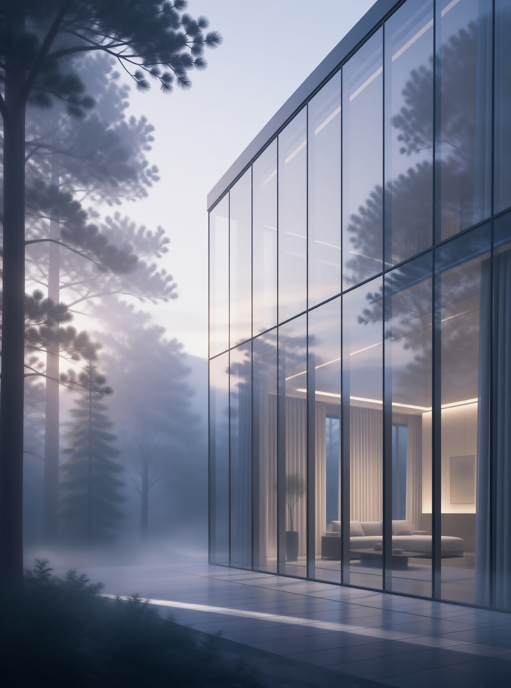 Modern Glass House in Misty Forest