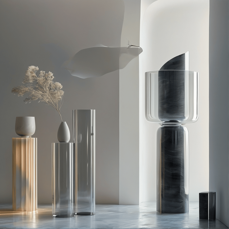 Translucent cylinders and pale ceramic pots arrange dried stems against a softly lit neutral interior.