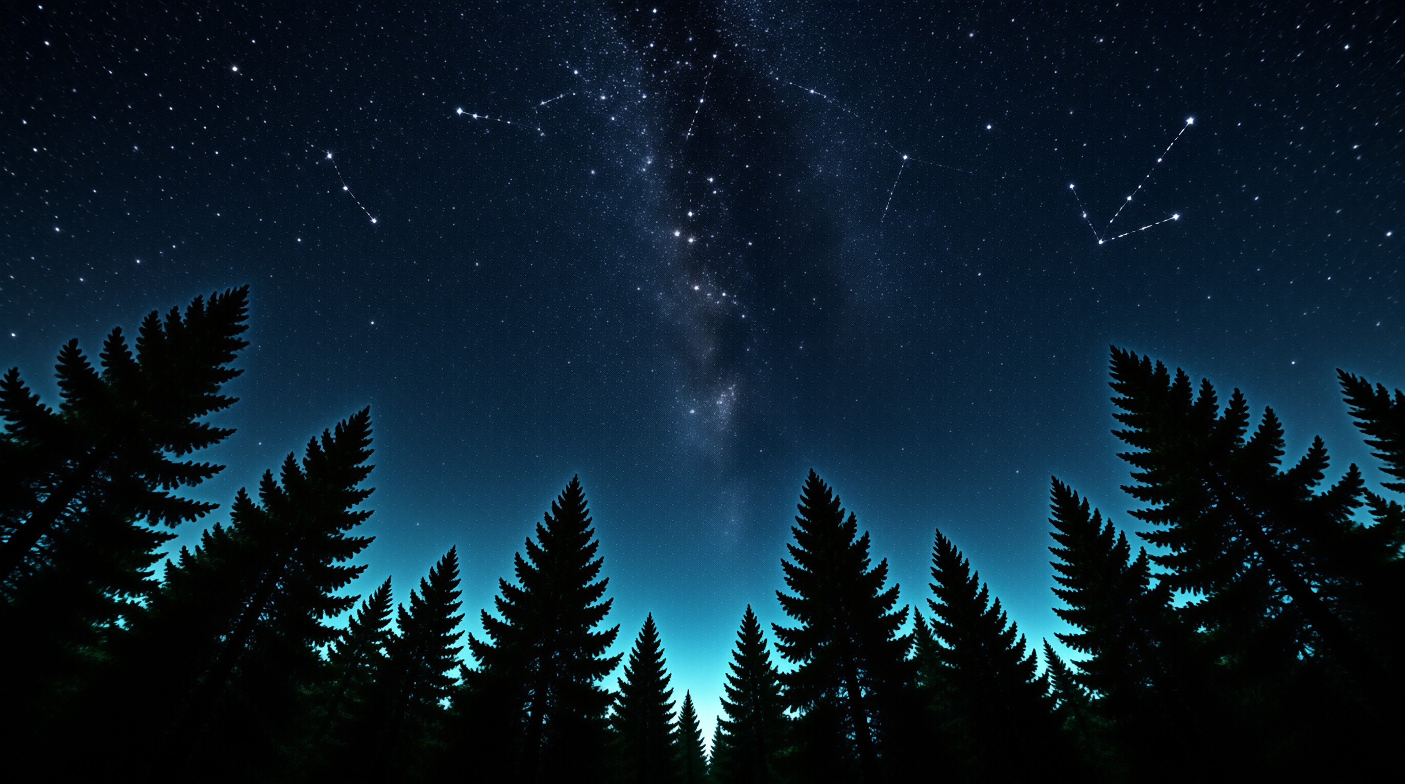 Dark pine trees stand against a bright night sky showing the Milky Way and various constellations.